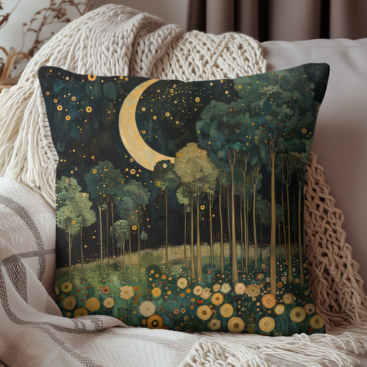 Moonlit Forest Decorative Pillow, Gustav Klimt Inspired Night Sky Botanical Cushion