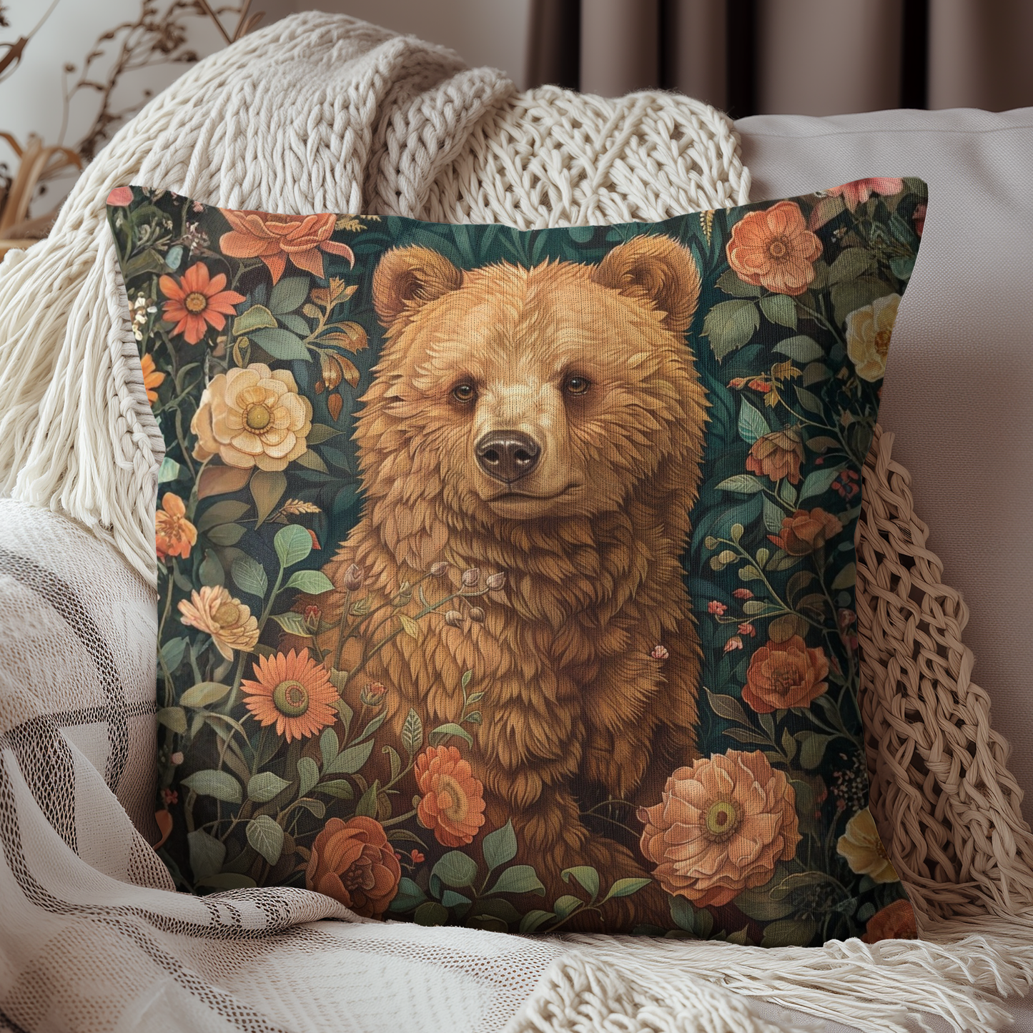 William Morris Floral Bear Pillow Spun Polyester Square Pillow | Decorative Home Accent