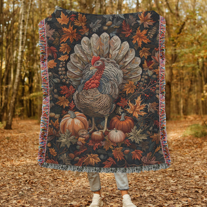 Thanksgiving Turkey Fall Woven Blanket, Fall Cozy Home Decor, William Morris Inspired Cotton Blanket