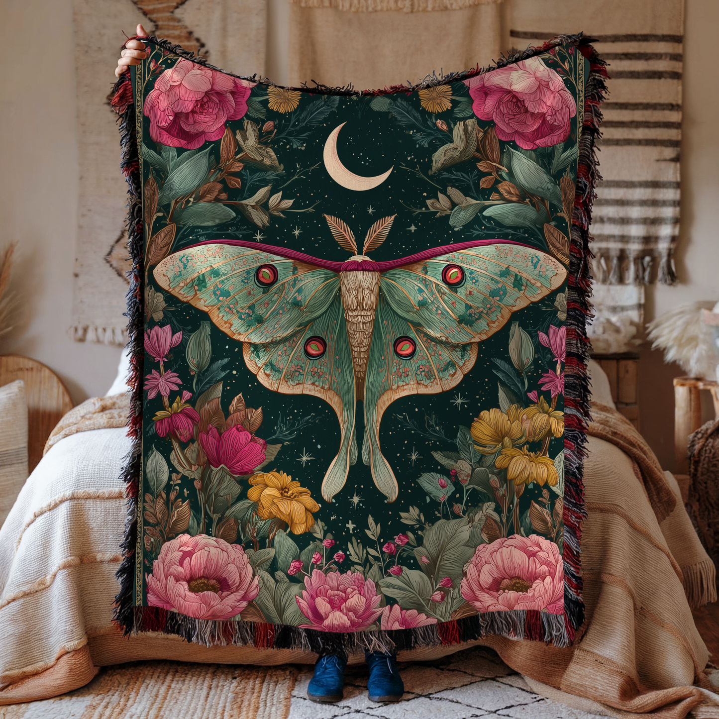 Luna Moth & Crescent Moon Woven Blanket, Floral Boho Tapestry Throw looks, Celestial Nature-Inspired Home Decor
