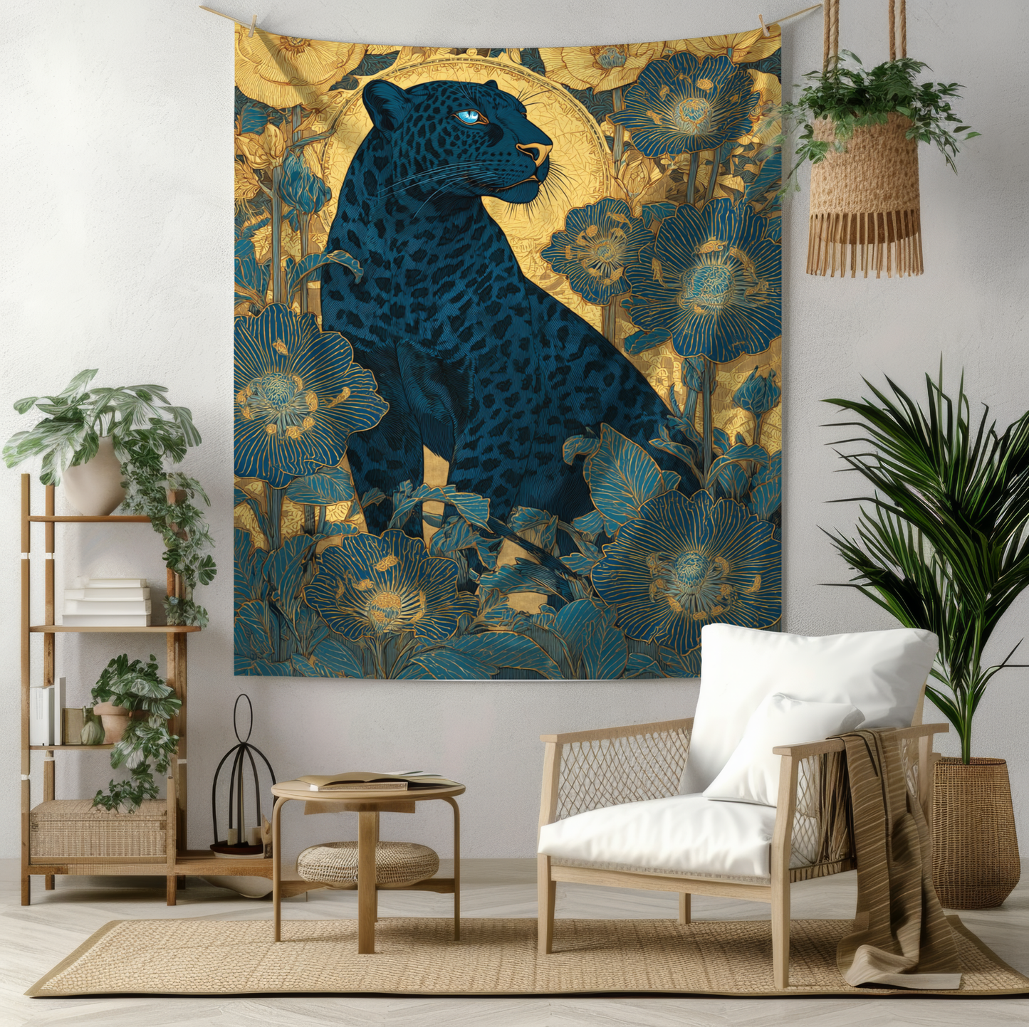 Midnight Black Leopard Garden Tapestry Blue & Gold Botanical Indoor Wall Tapestry