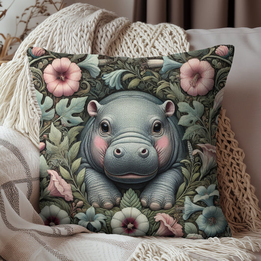 Baby Pygmy Hippo William Morris Inspired Decorative Pillow, Pygmy Hippo Home Decor Accent Pillow, Funny Gift for Wildlife Enthusiasts