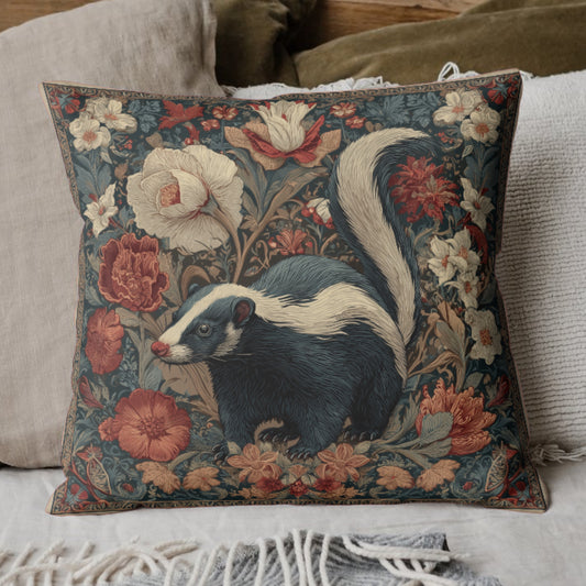 Vintage Floral Skunk Throw Pillow, Botanical Cottagecore Accent