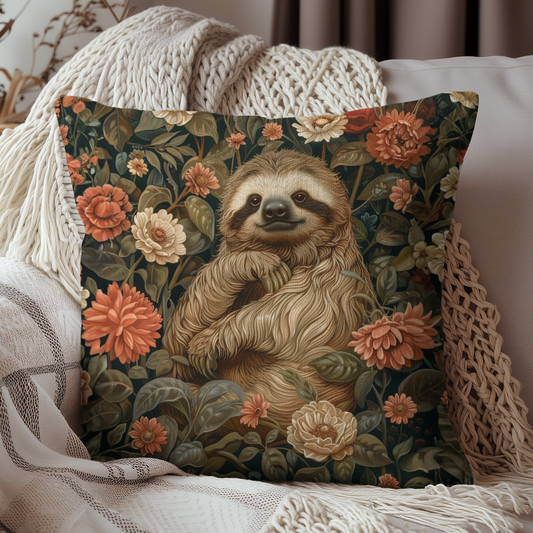Sloth Floral Decorative Pillow, Vintage Botanical Sloth Throw Cushion