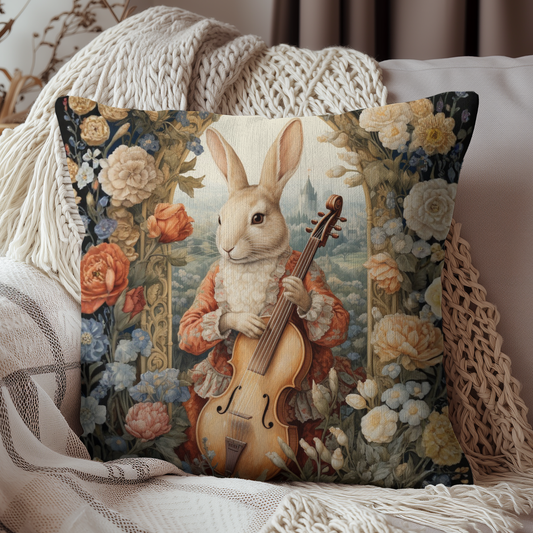 Vintage Rabbit Violin Throw Pillow, Whimsical Floral Decorative Cushion