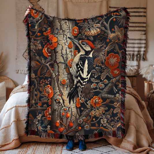 Woven Woodpecker Blanket, Autumn Forest Tapestry Throw with Vintage Oak Leaves, Cozy Nature-Inspired Bird Decor