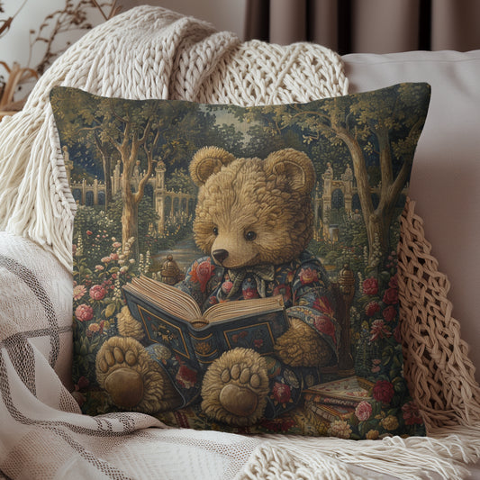 Rococo Teddy Bear Square Pillow, Vintage Book Decor Cushion, William Morris Inspired Throw Pillow, Home Decor Accent, Sofa Pillow Cover