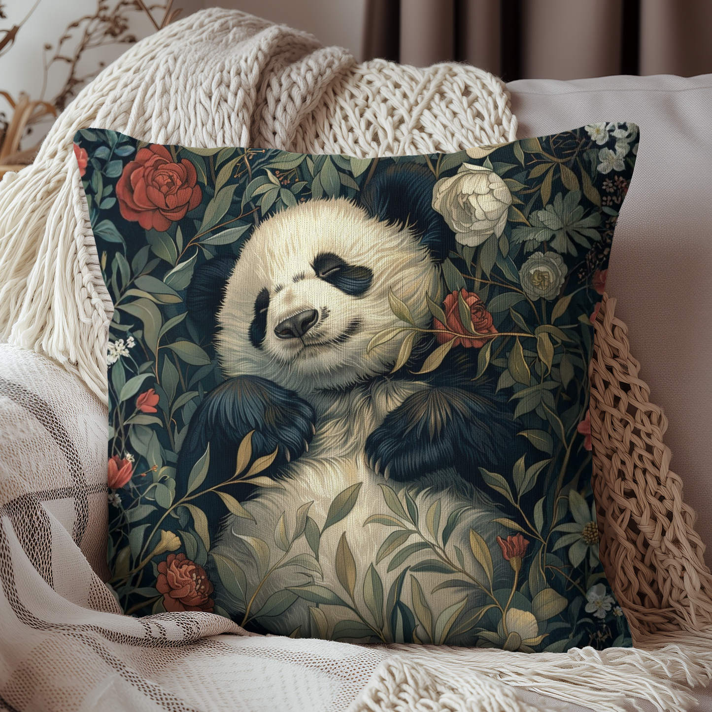 Panda Floral Decorative Pillow, Relaxed Garden Animal Throw Cushion