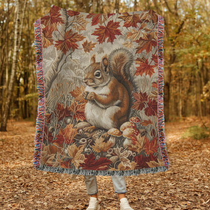 Squirrel In A Leafy Paradise Woven Blanket, Cozy Fall Home Decor, William Morris Inspired Cotton Blanket