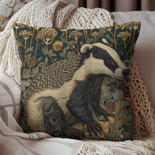 Vintage Badger Botanical Pillow, William Morris Inspired Woodland Animal Cushion