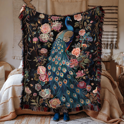 Peacock Art Deco Woven Blanket, Cozy Home Decor, William Morris Inspired Cotton Blanket