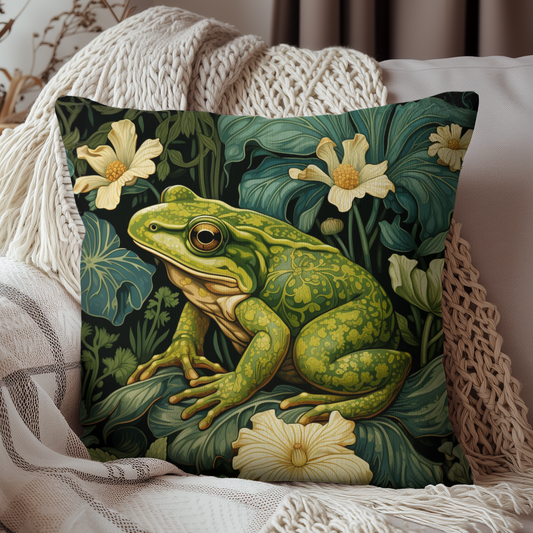 William Morris Inspired Forest Frog Pillow, Cottagecore Design Pillow