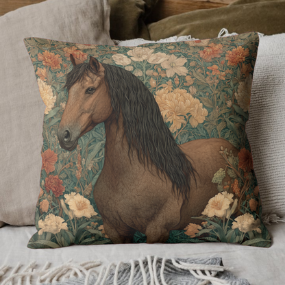 Majestic Horse Floral Pillow, William Morris Style Botanical Equestrian Cushion