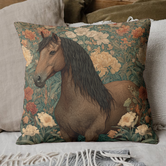 Majestic Horse Floral Pillow, William Morris Style Botanical Equestrian Cushion