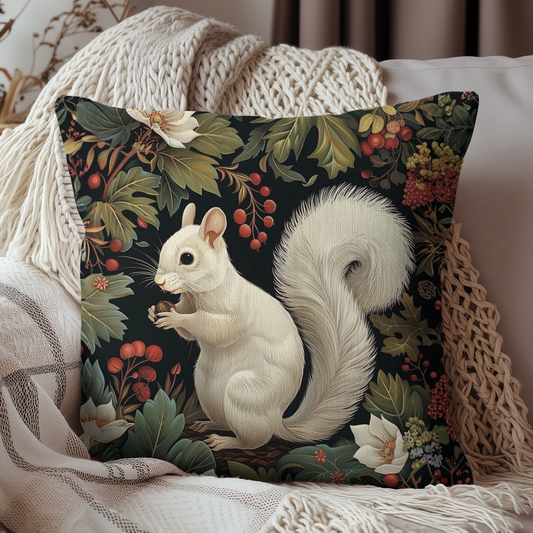 White Squirrel Decorative Pillow, Vintage Botanical Accent Cushion