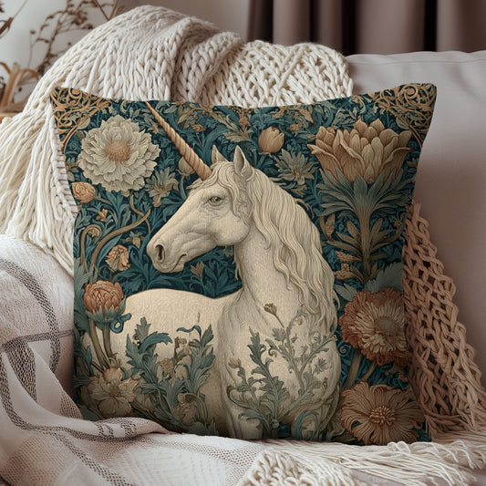 Unicorn Floral Pillow, Enchanted Woodland Unicorn Cushion, Vintage Tapestry Decor