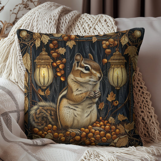 William Morris Inspired Chipmunk Among Acorn Lanterns Pillow | Cottage-core Art Nouveau Pillow | Home Decor Gift