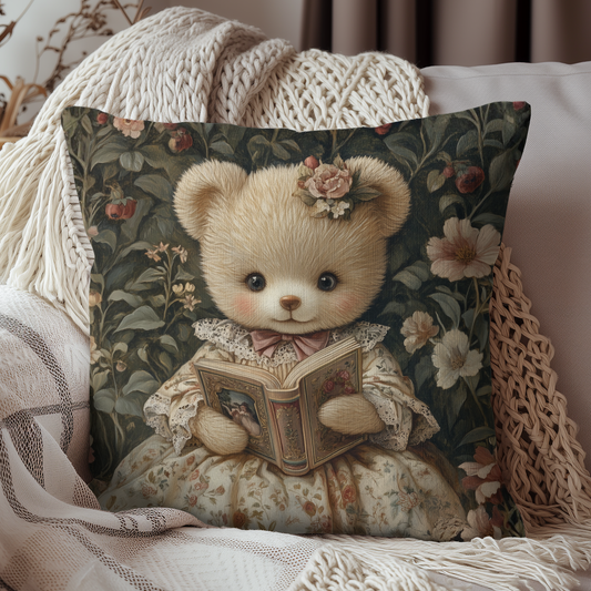 William Morris Inspired Teddy Bear Reading Pillow, Vintage Storybook Bear Cushion, Floral Cottagecore Square Pillow