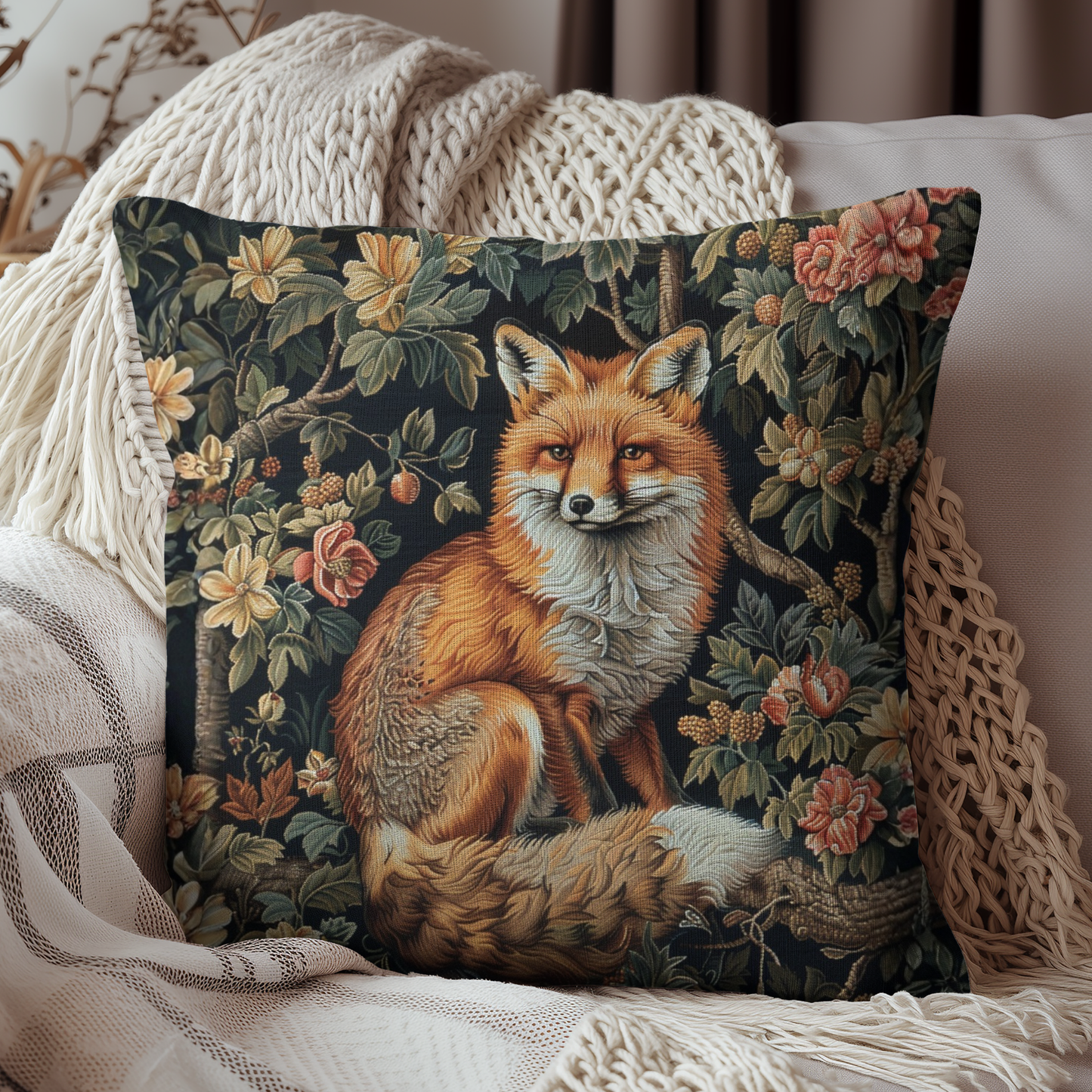 Forest Fox William Morris Inspired | Fox Ancient Decorative Pillow