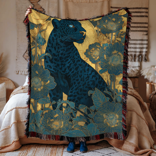 Midnight Bloom Panther Woven Blanket, Art Nouveau Floral Jungle Throw