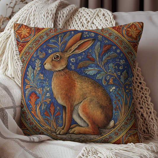 Medieval Hare Decorative Pillow, Vintage Botanical Rabbit Throw Cushion