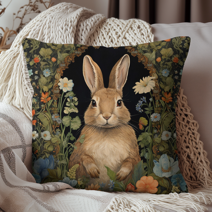 Bunny Garden Throw Pillow, Cute Rabbit Floral Decorative Pillow