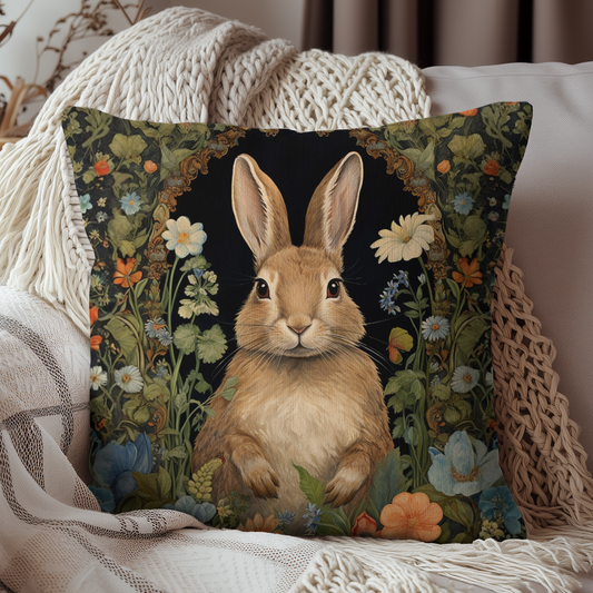 Bunny Garden Throw Pillow, Cute Rabbit Floral Decorative Pillow