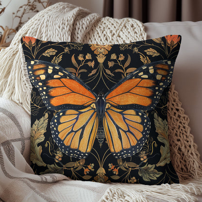 Woodland Monarch Butterfly Floral Botanical in the Style of William Morris Pillow