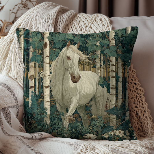 White Horse Birch Forest Decorative Pillow — Rustic Woodland Accent Cushion