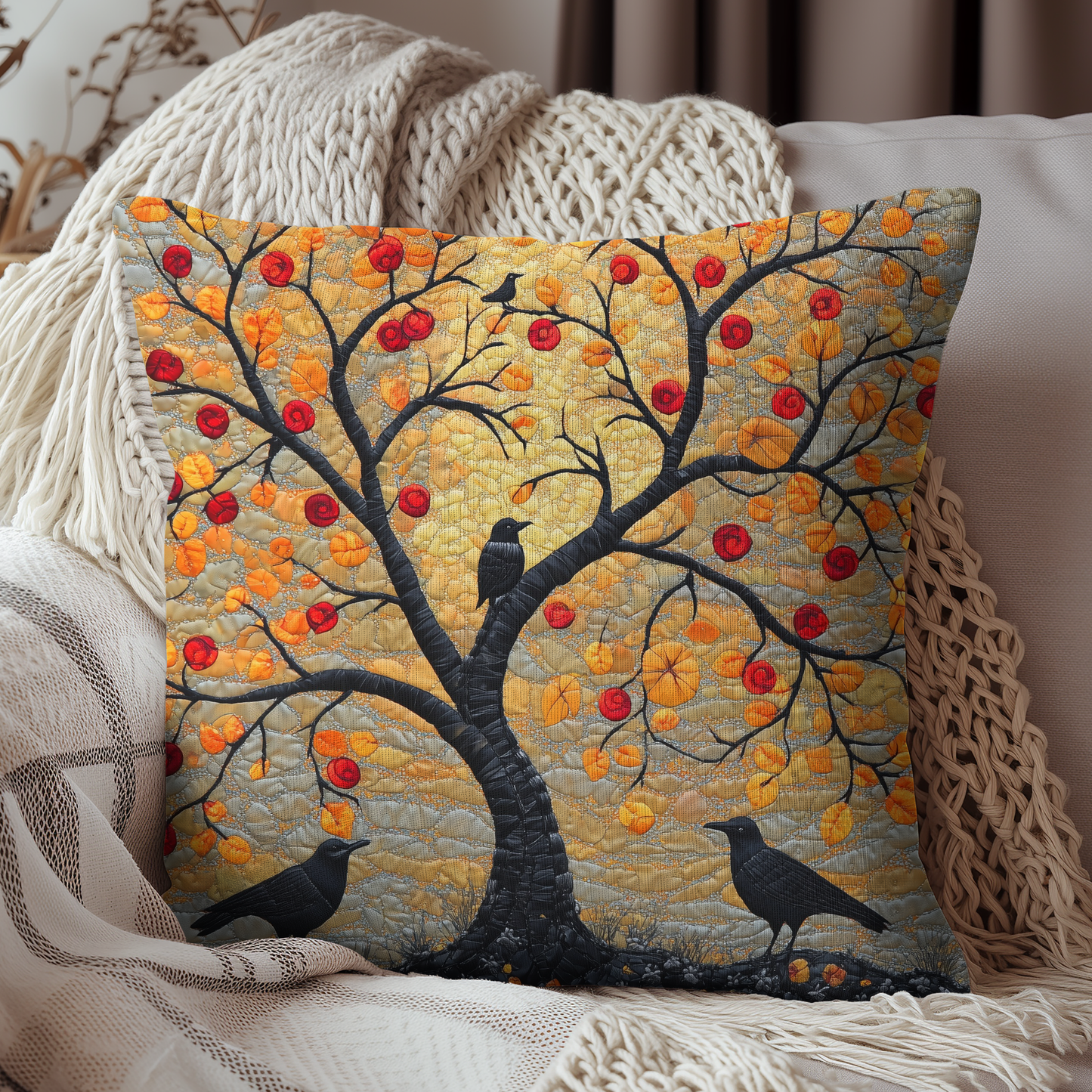 Autumn Crow Tree Throw Pillow, Fall Decorative Square Pillow