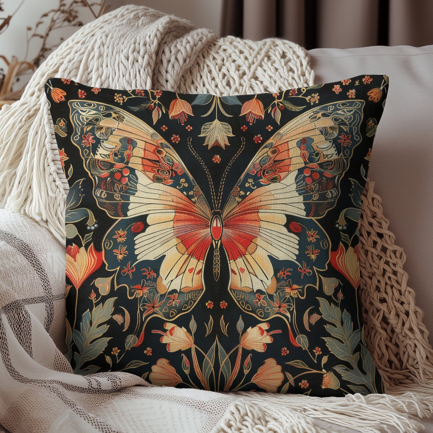 Enchanting Butterfly in the Style of William Morris, Woodland Blossoms Floral Botanical Pillow