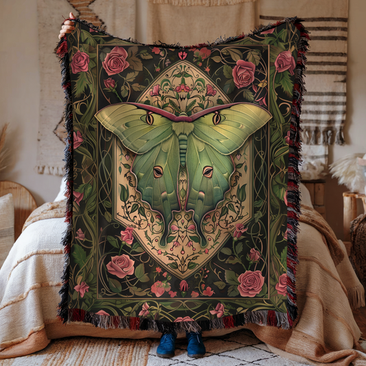 Luna Moth & Rose Woven Blanket, Art Nouveau Botanical Tapestry Throw, Vintage-Inspired Celestial Home Decor