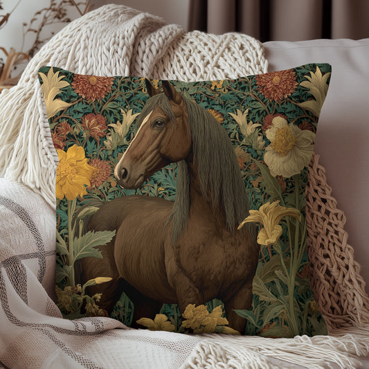 Vintage Brown Horse Floral Pillow, William Morris Style Botanical Equestrian Decorative Cushion