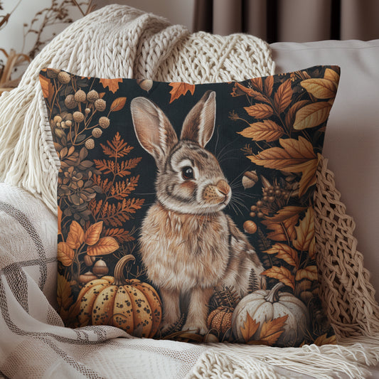 Bunny Fall Forest Square Pillow, Autumn William Morris Decor, Cute Woodland Animal Throw Cushion, Seasonal Harvest Home Accent, Cozy Rustic