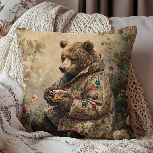 Cozy Floral Bear Tea Time Pillow Decorative Square Throw Pillow
