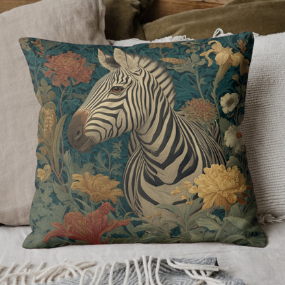 Zebra Botanical Decorative Pillow, William Morris Style Botanical Animal Cushion for Elegant Home Décor