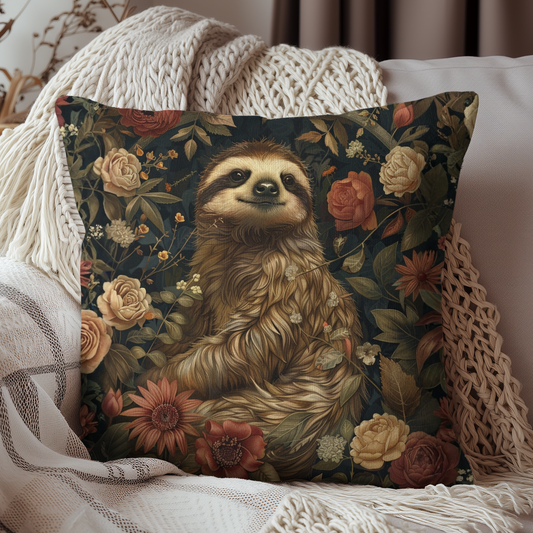 Sloth Floral Throw Pillow, Vintage Botanical Sloth Decorative Cushion