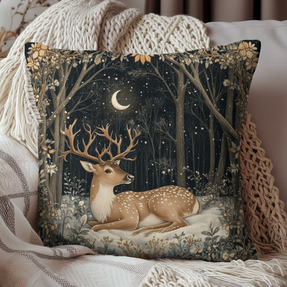 Winter Night Deer Throw Pillow, Crescent Moon Woodland Decorative Pillow