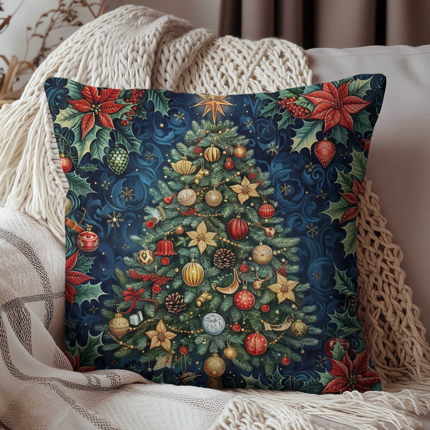 Christmas Tree Pillow, Holiday Throw Cushion, Festive Decor Gift, Elegant William Morris Inspired Design