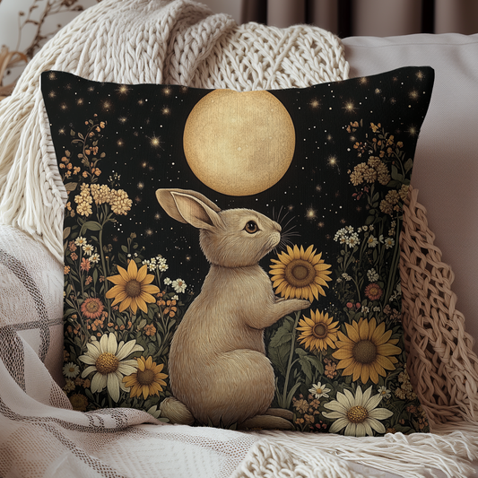 Moonlit Rabbit Pillow, Celestial Woodland Bunny Cushion, William Morris Inspired Floral Throw Pillow for Cottagecore & Nature Home Décor