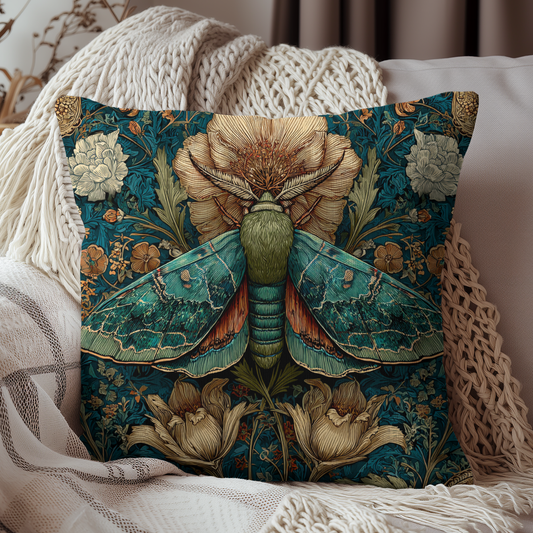 William Morris Inspired Moth Pillow, Teal Botanical Art Nouveau Cushion, Vintage Floral Nature Square Pillow