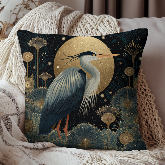 Heron Moon Decorative Pillow, Botanical Coastal Throw Pillow