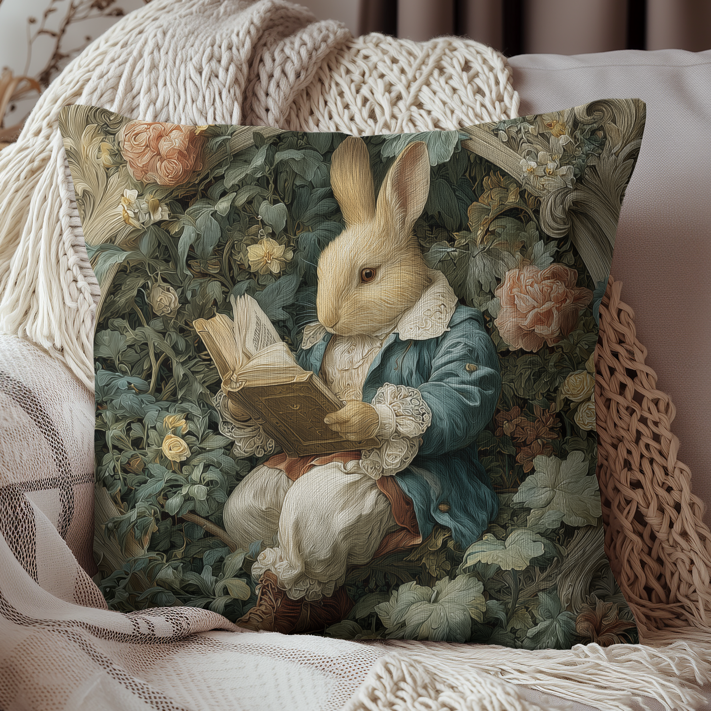 Storybook Rabbit Reading Pillow, William Morris Style Vintage Bunny Among Flowers
