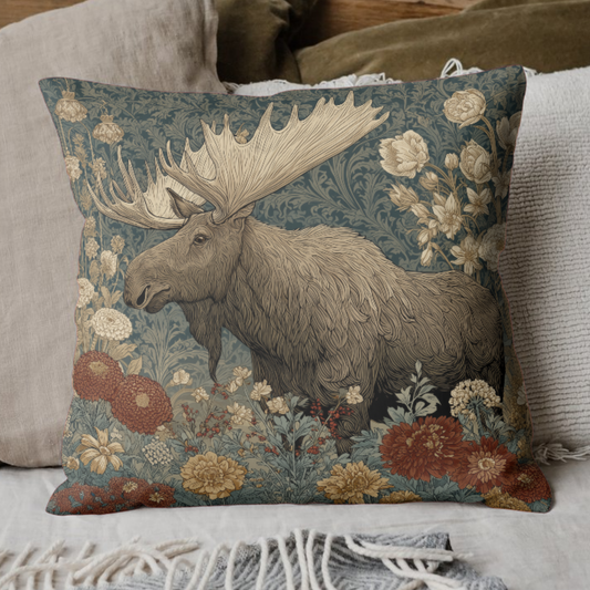Rustic Moose Floral Throw Pillow, Vintage Woodland Decorative Cushion