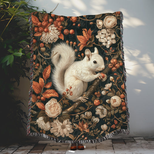 William Inspired Woodland White Squirrel Fall Autumn Forest Woven Blanket, Cozy Fall Home Decor Cotton Blanket