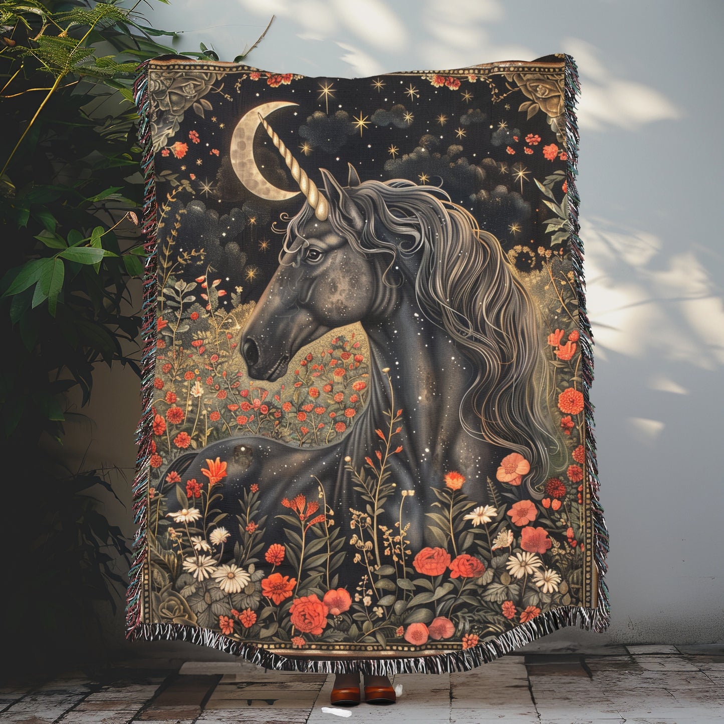 Victorian Black Unicorn Crescent Moon Stars Art Woven Blanket, William Morris Style - Home Decor Gift, Cozy Throw, Bedspread, Wall Tapestry