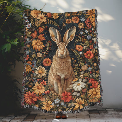 William Morris Inspired Brown Hare With Winter Flowers Woven Blankets, Cozy Home Decor Jacquard Cotton Woven Blanket