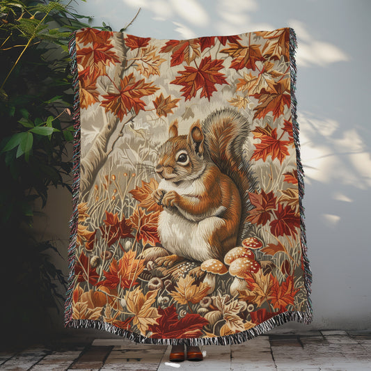 Woodland Brown Squirrel Art Nouveau, William Morris Inspired Fall Autumn, Cottagecore Woven Blanket, Cozy Fall Home Decor Cotton Blanket