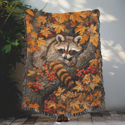 William Morris Inspired Sleeping Raccoon Forest Fall Leaves Woven Blanket, Home Decor Gift, Cozy Throw, Bedspread, Wall Tapestry