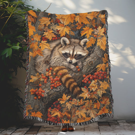 William Morris Inspired Sleeping Raccoon Forest Fall Leaves Woven Blanket, Home Decor Gift, Cozy Throw, Bedspread, Wall Tapestry